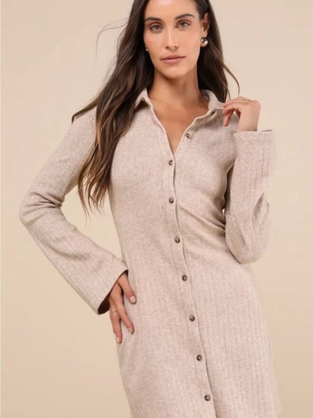 Lulu's Beige Ribbed Button-Down Knit Shirt Dress